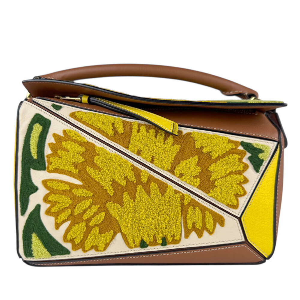 Loewe Puzzle Bag leather shoulder handbag brown yellow White green